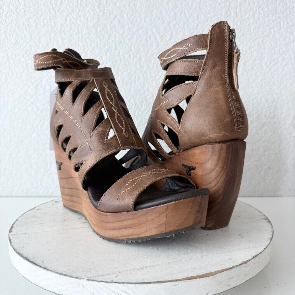 NEW Lane Boots BECCA Womens Brown Wedges 9.5 Western Sandals Cowgirl Wooden Heel
